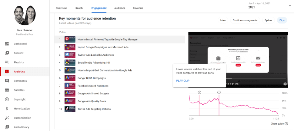 key moments report in youtube studio channel analytics