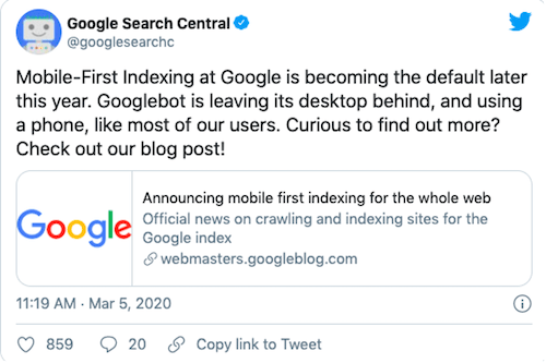 google search console tweeting mobile-first indexing announcement
