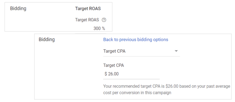 screenshot of tCPA and tROAS