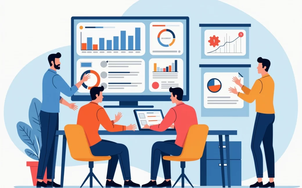 Digital marketing team reviewing analytics dashboards and search engine results on multiple screens