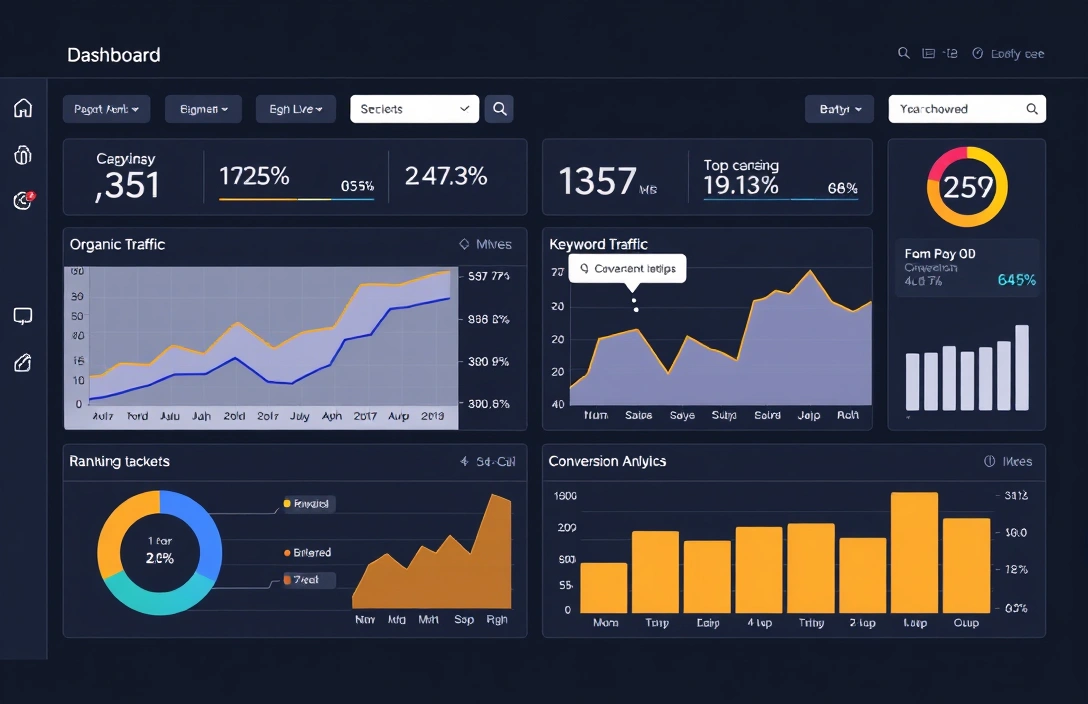 Analytics dashboard showing organic traffic trends, keyword rankings, and conversion data.