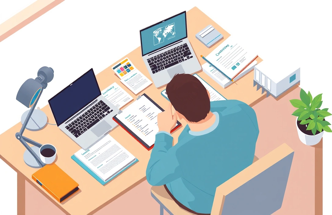 Beginner marketer studying at desk with laptop, notes, and course materials.