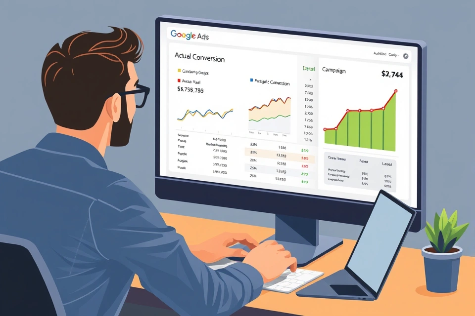 Person at a desk analyzing Google Ads performance metrics and campaign results on a computer monitor