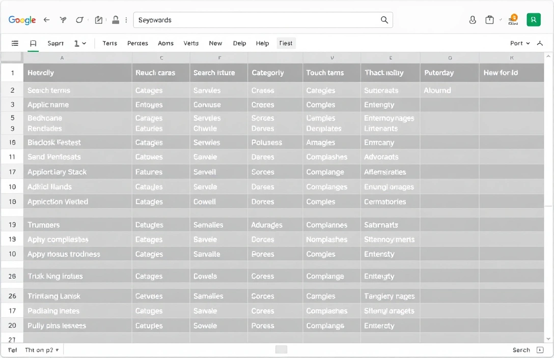 A spreadsheet with organized keywords, monthly search volume data, and search intent classifications.